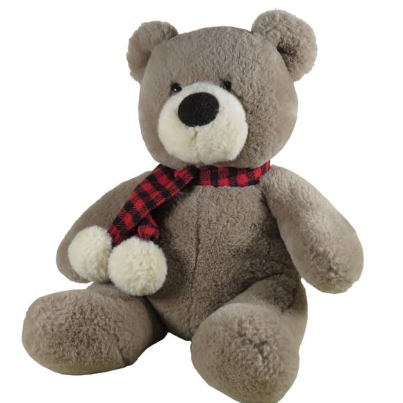 Aurora Plush Teddy Bear with Checkered Scarf - Soft, Cuddly, Classic Toy - Picture 1 of 14